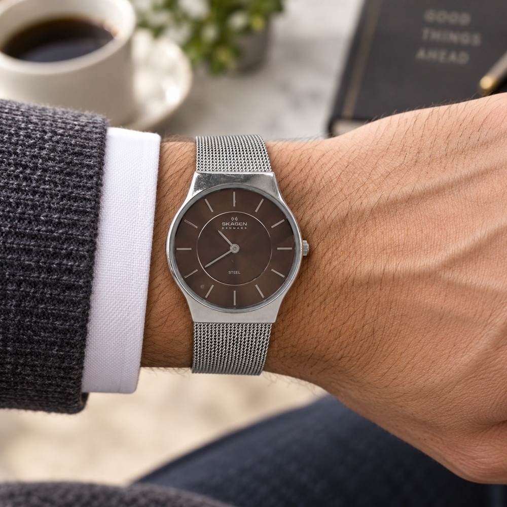 Vintage Skagen Denmark Men's Watch Brown Dial Mesh Band 233 Series New Battery